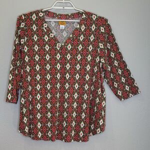 Ruby Road Women's Top 1X Multicolor Print 3/4‎ Sleeve V-Neck Rayon Spandex Blend